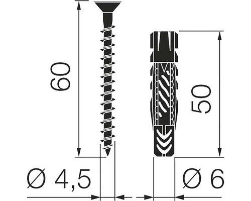 Technische tekening van een schroef met plug en maatgegevens