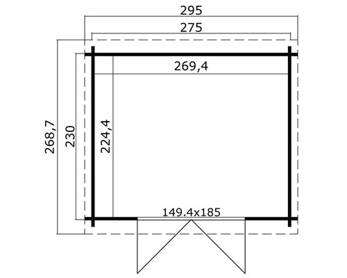 Plattegrondtekening van een tuinhuis met afmetingen