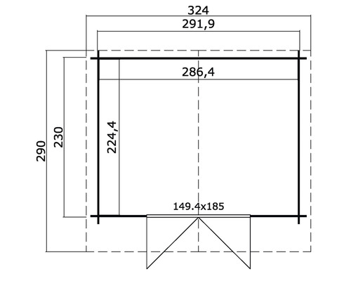 Technische tekening van een tuinhuis met maatvoering