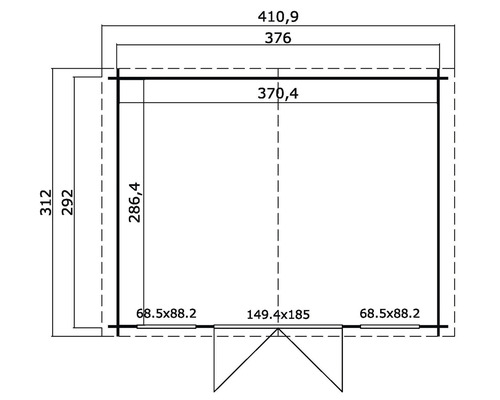 Plattegrondtekening van een tuinhuis met maatvoering