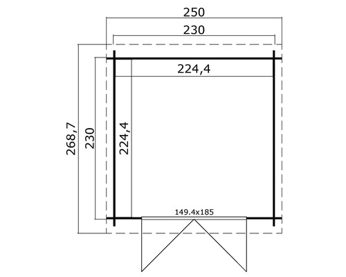 Plattegrondtekening van een tuinhuis met maatvoering