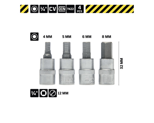 Vierkante dopsleutelset met de maten 4, 5, 6 en 8 millimeter, 32 millimeter lang