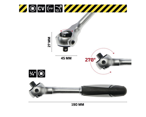 Ratelsleutel met 1/4 inch opname, 190 mm lengte en draaibare kop