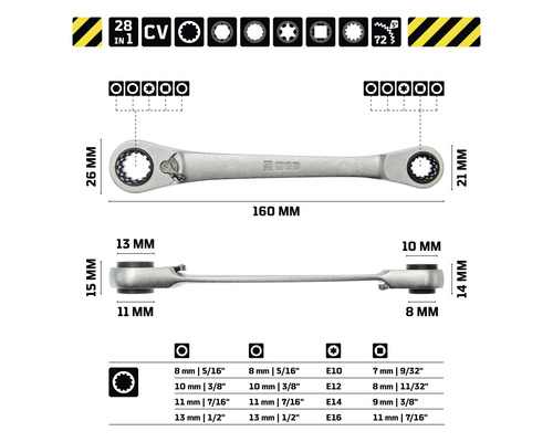 Dubbele ringsleutel met verschillende maatvoeringen