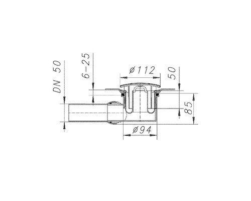 Technische tekening van een vloerafvoer met maatvoering