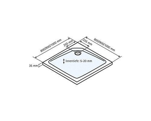 Technische tekening van een douchebak met maatvoering