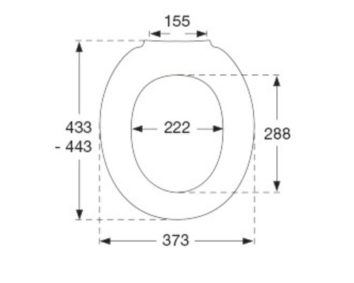 Technische tekening van een toiletbril met maatvoering.