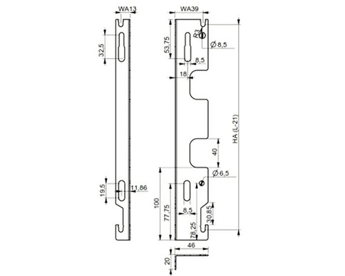 Technische tekening van een montagehoek met maatvoering