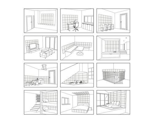 Zwart-wit illustraties van verschillende interieurs