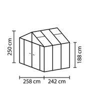 Afbeelding van de kas met de afmetingen 250 cm hoogte, 258 cm plus 242 cm breedte en 188 cm zijhoogte.