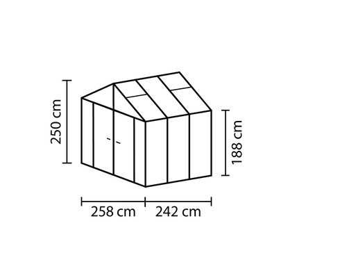 Afbeelding van de kas met de afmetingen 250 cm hoogte, 258 cm plus 242 cm breedte en 188 cm zijhoogte.