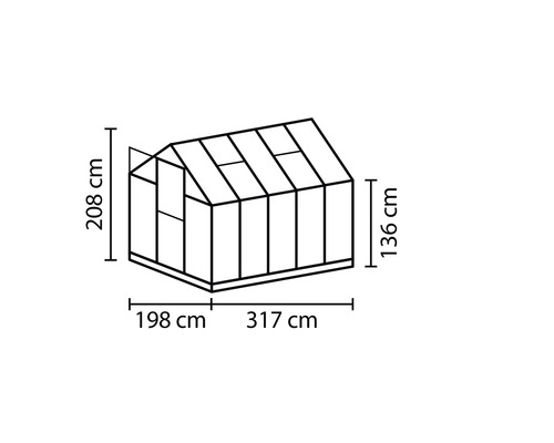 Technische tekening van een kas met afmetingen in centimeters