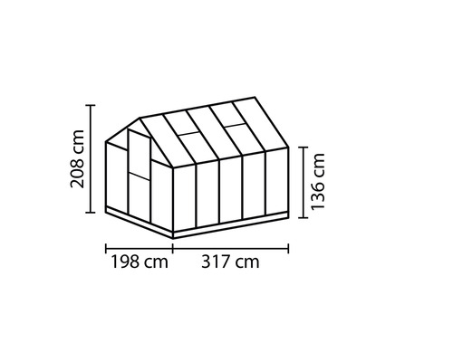 Afbeelding van een kas met afmetingen: 208 cm hoog, 136 cm zijhoogte, 198 cm breed en 317 cm diep.