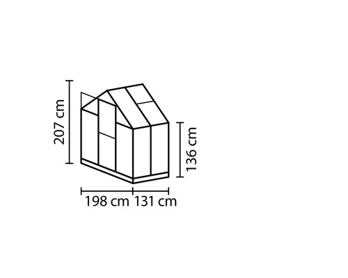 Technische tekening van een kas met afmetingen: 207 cm hoog, 198 cm en 131 cm breed, 136 cm zijhoogte.