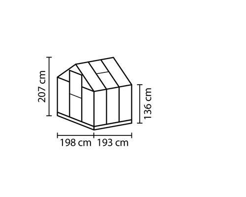 Technische tekening van een kas met de afmetingen 207 cm hoogte, 198 cm en 193 cm breedte, en 136 cm zijhoogte.