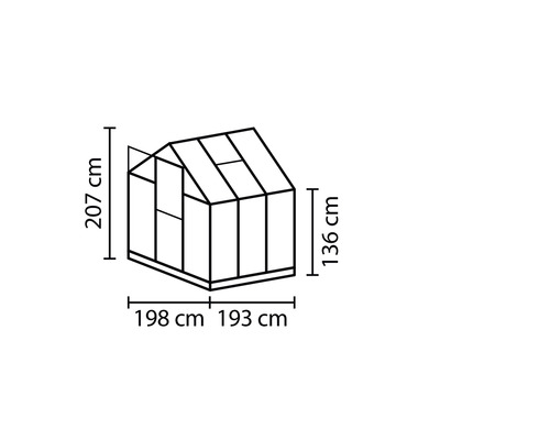 Technische tekening van een kas met afmetingen.