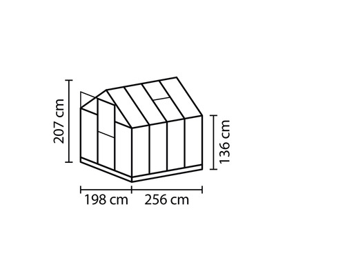 Schets van een kas met de afmetingen 207 cm hoogte, 198 cm en 256 cm lengte en 136 cm zijhoogte.