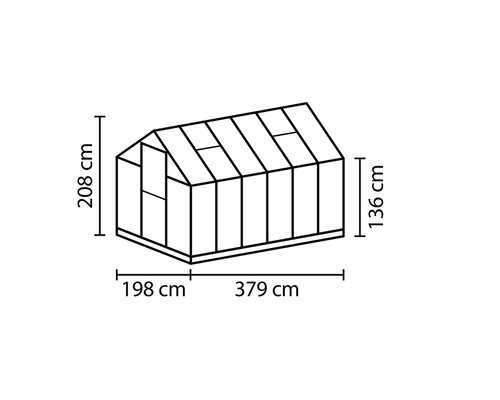 Afmetingen kas: 379 cm lang, 198 cm breed en 208 cm hoog