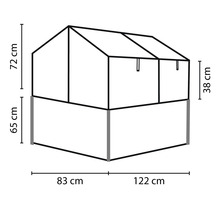 Afmetingen van een verhoogde tuinbak met broeikasopzetstuk: 72 cm hoog, 38 cm opzetstukhoogte, 65 cm bakhoogte, 83 cm en 122 cm lang