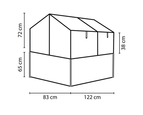 Afmetingen van een verhoogde tuinbak met broeikasopzetstuk: 72 cm hoog, 38 cm opzetstukhoogte, 65 cm bakhoogte, 83 cm en 122 cm lang
