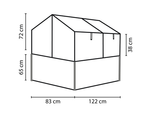 Technische tekening van een kasopzetstuk voor een verhoogde plantenbak met maatvoering
