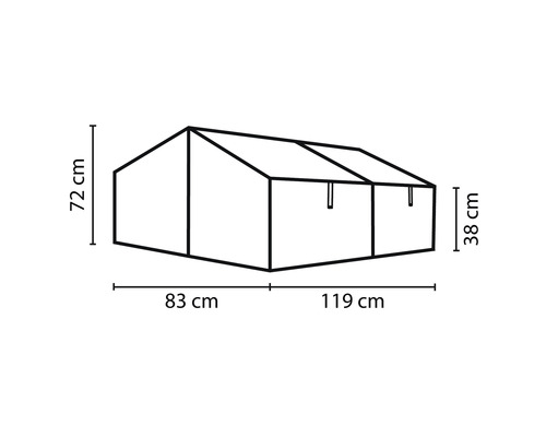 Technische tekening van een silhouet van een kas met afmetingen in centimeters