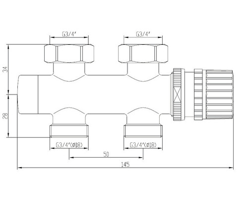 Technische tekening van een verwarmingscircuitverdeler met afmetingen