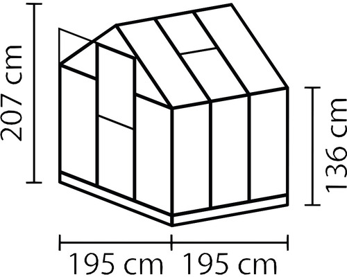 Illustratie van een kas met afmetingen van hoogte en breedte