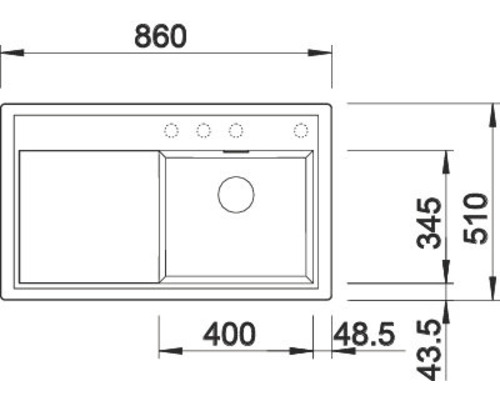Tekening van een gootsteen met afmetingen