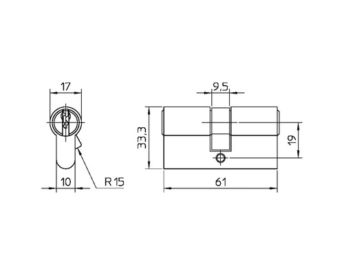 Technische tekening van een slotcilinder met maatvoering