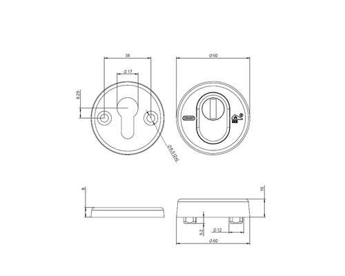 Technische tekening van deurbeslag met maataanduidingen