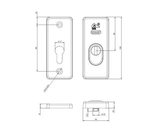 Technische tekening van een deurbeslag met maatvoering
