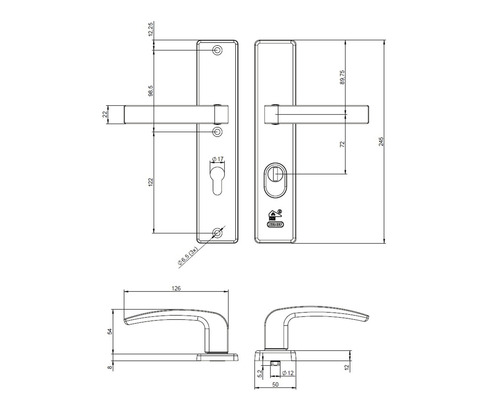 Technische tekening van een deurklink met afmetingen