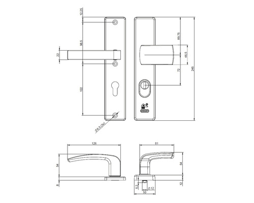 Technische tekening van een deurbeslag met afmetingen