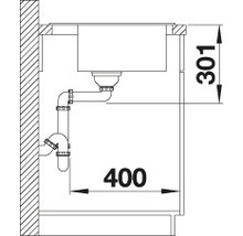 Technische tekening van een spoelbak met afmetingen van 400 bij 301