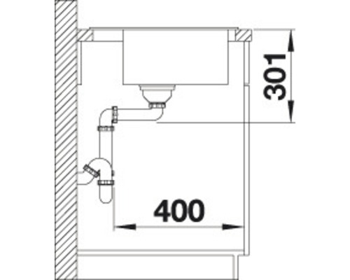 Technische tekening van een spoelbak met afmetingen van 400 bij 301