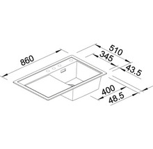Technische tekening van een aanrechtspoelbak met maataanduidingen