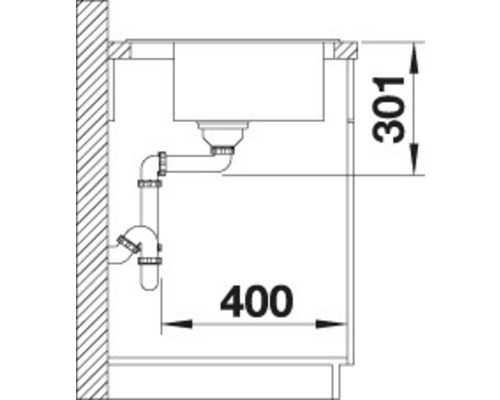 Schets van een spoelbak met afvoerpijpen en maatvoering