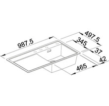 Tekening van een spoelbak met maatvoering