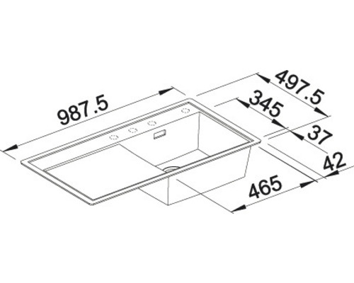 Tekening van een spoelbak met maatvoering