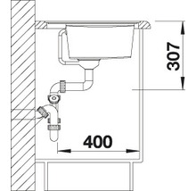 Schets van een wastafel met de afmetingen 307 en 400