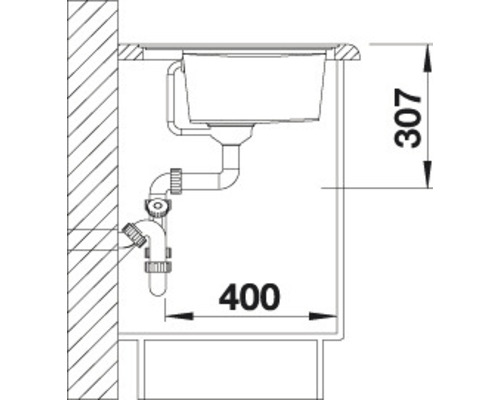 Schets van een wastafel met de afmetingen 307 en 400