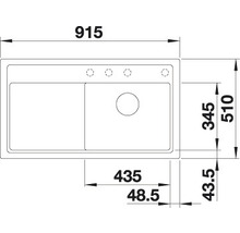 Technische tekening van een spoelbak met afmetingen