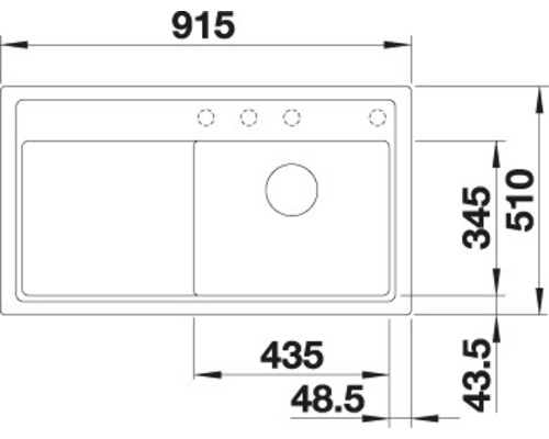 Technische tekening van een spoelbak met afmetingen