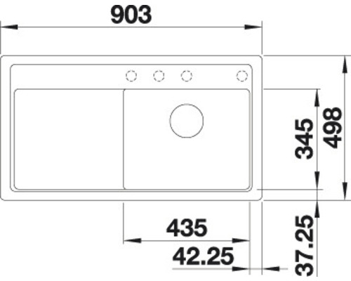 Maattekening van een spoelbak met twee bakken en kraanrichel