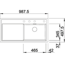 Technische tekening van een spoelbak met de afmetingen 987,5 x 497,5 cm