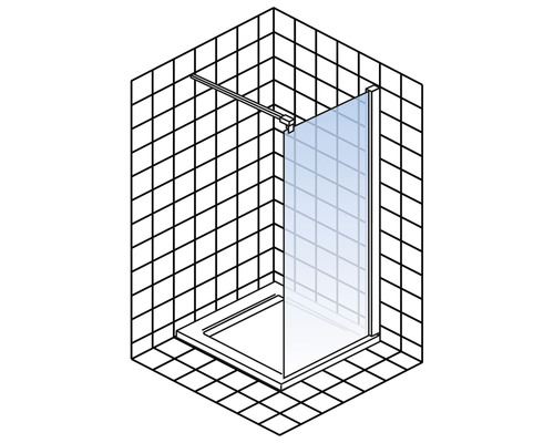 Hoekdouche met douchebak en glazen wand in een badkamer met tegels