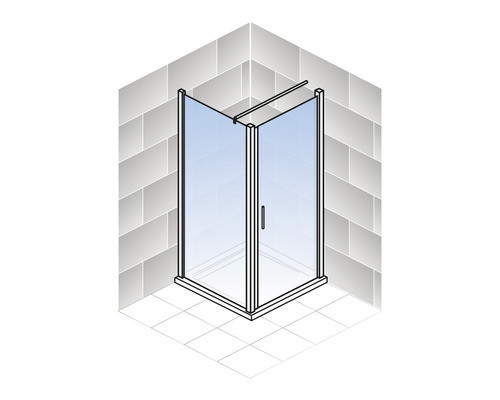 Hoekdouche met glazen deuren en handgreep in een badkamer met tegels.