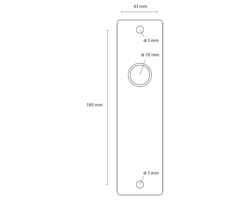 Technische tekening van een deurschildrozet van 180 mm x 43 mm met boorgaten