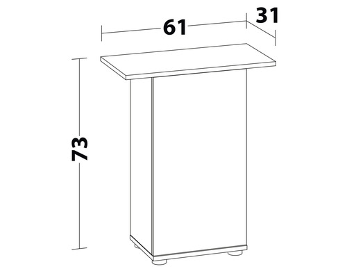 Schets van een bartafel met afmetingen van 61 x 31 x 73 centimeter